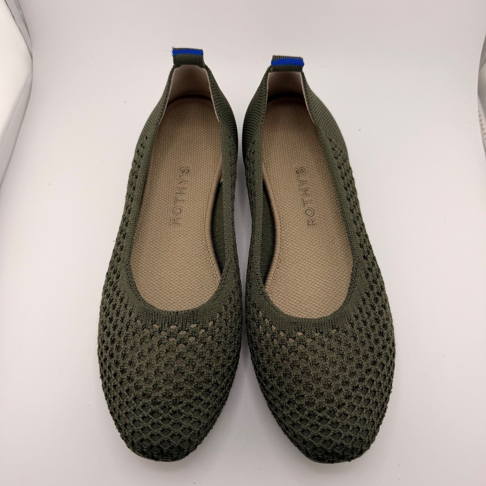 Rothys The Point Olive Green Honeycomb Knit Pointed Toe Ballet Flats Mens 7.5
